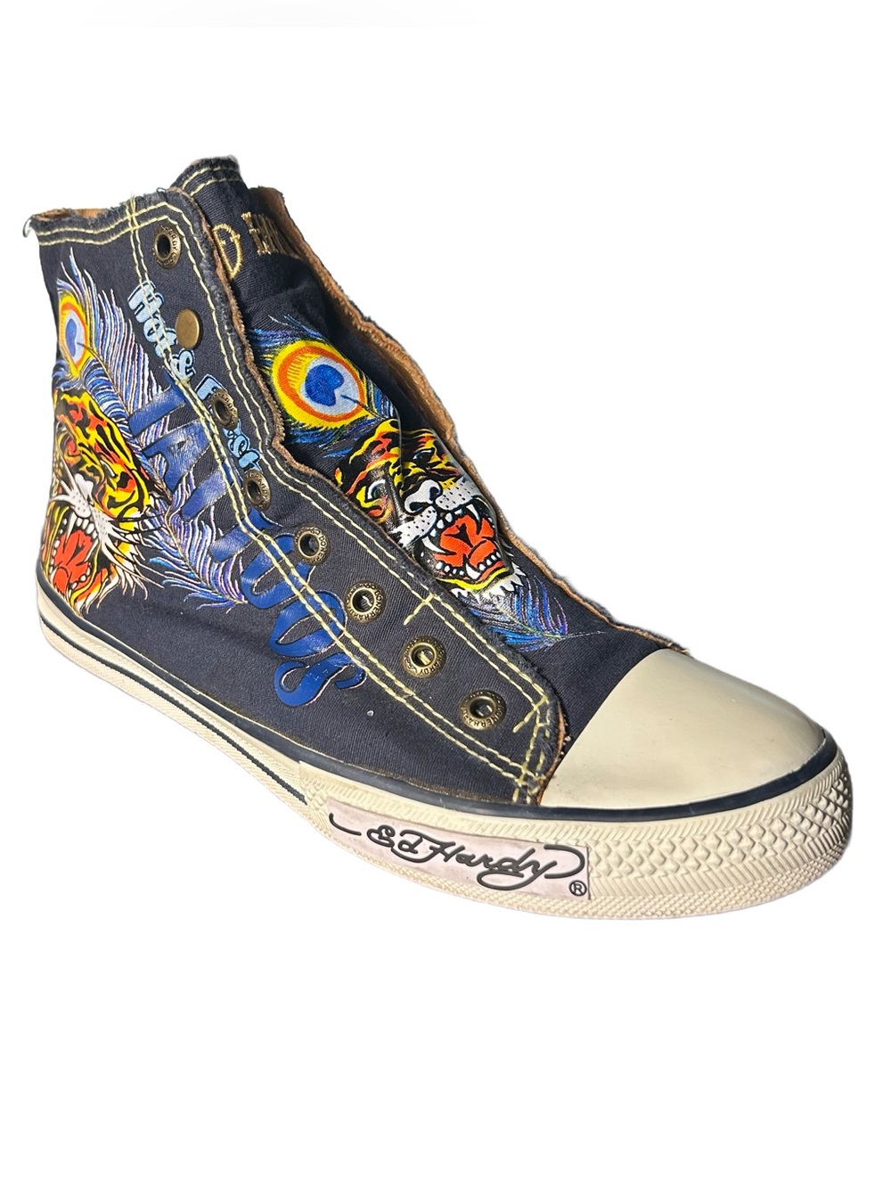 Ed Hardy Sneakers Size 9 Tiger Navy High Top Canvas Laceless Slip On Y2K